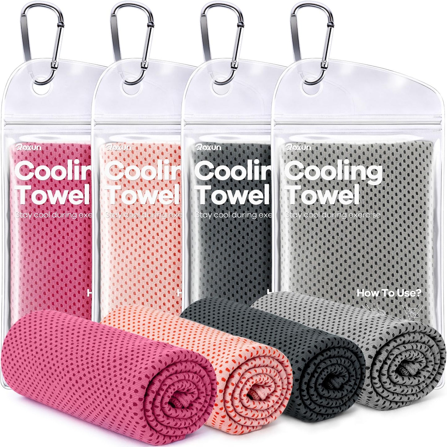 ROXUN 4 Pack Cooling Towels, 40''x12'' Soft Breathable Chilly Neck Ice Towel for Workout Running Golf Gray+Dark Gray+Pink+Light Pink