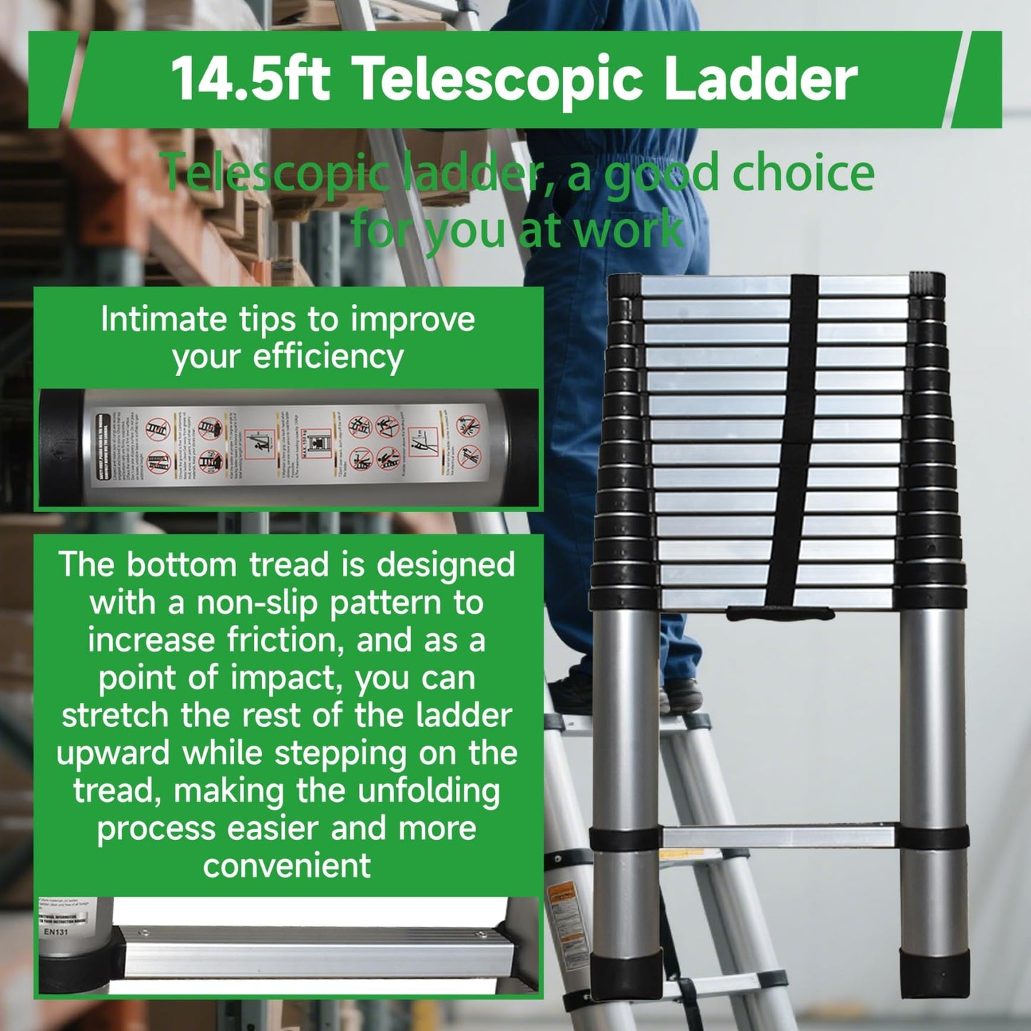 YSMN 14.5 FT Telescoping Ladders Heavy Duty Aluminum Collapsible Ladder Load Bearing 330 LBS Extension Ladders Applicable to Household Use Outdoor Work