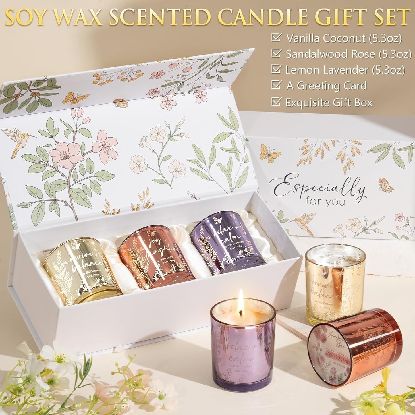 Skiennix Scented Candle Set - 3 Pack Soy Candles for Home | Perfect Gifts for Women - Vanilla Coconut, Sandalwood Rose, Lemon Lavender