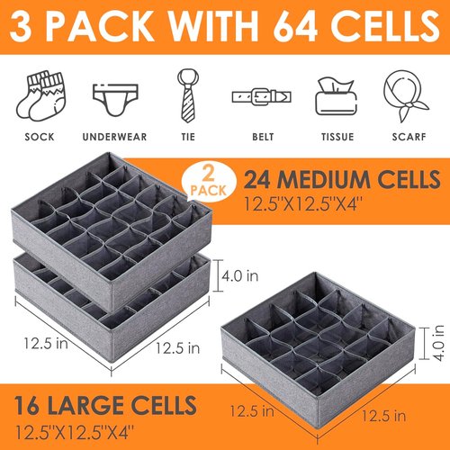 Criusia Sock Organizer - 64 Cell Fabric Drawer Dividers for Socks, Underwear & Ties | Gray
