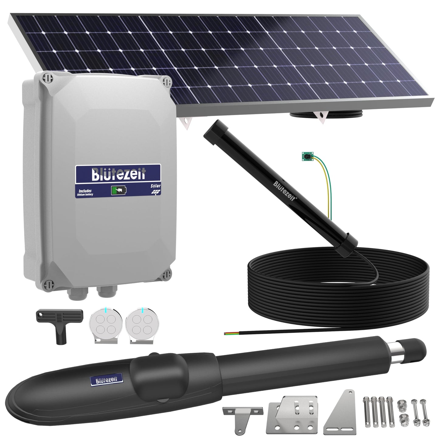 Blütezeit MS600 Solar Swing Gate Opener + Exit Wand – 880lb Single-Arm Operator with 24V Lithium Battery & 25W Solar Panel, Hands-Free Vehicle Exit Sensor & Complete Hardware Kit