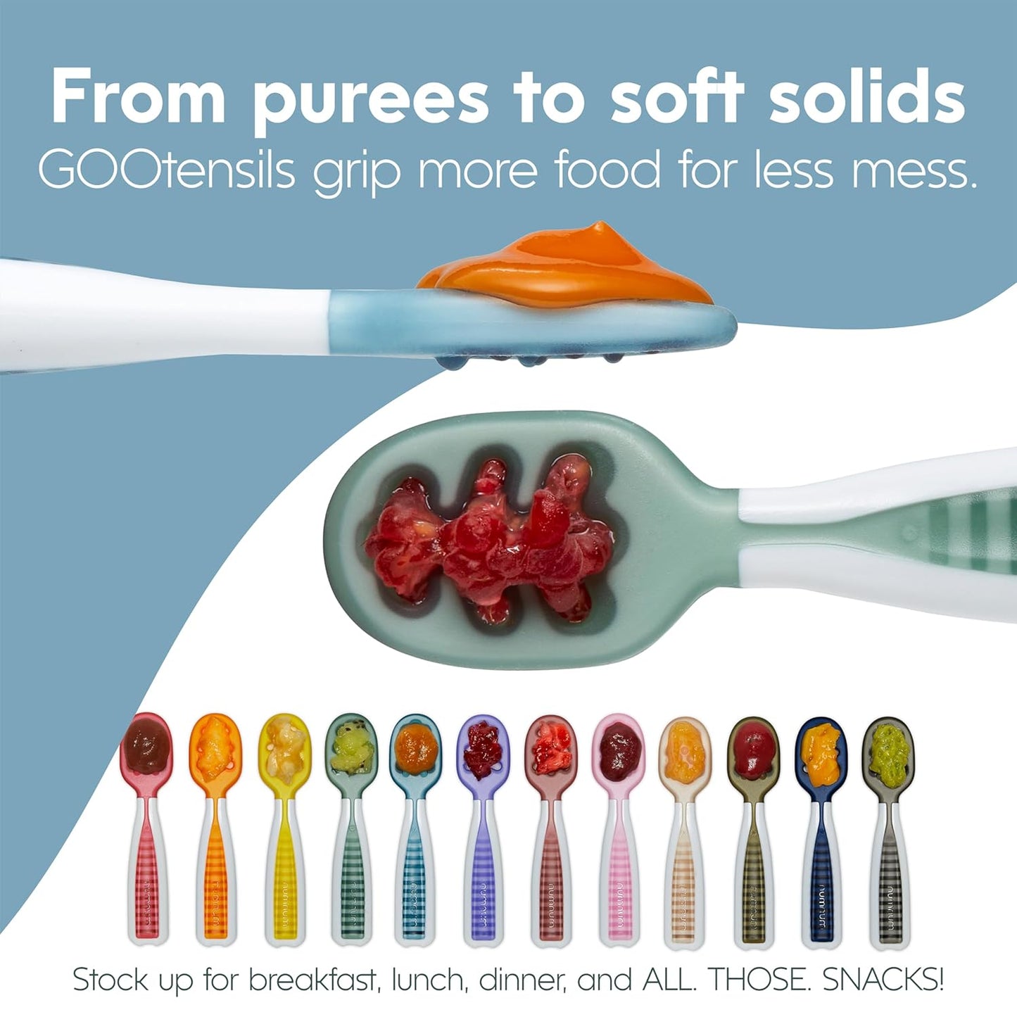 NumNum Baby Spoons Set - Silicone GOOtensils for Baby Led Weaning | Teething Spoon with Travel Case - Blue/Navy