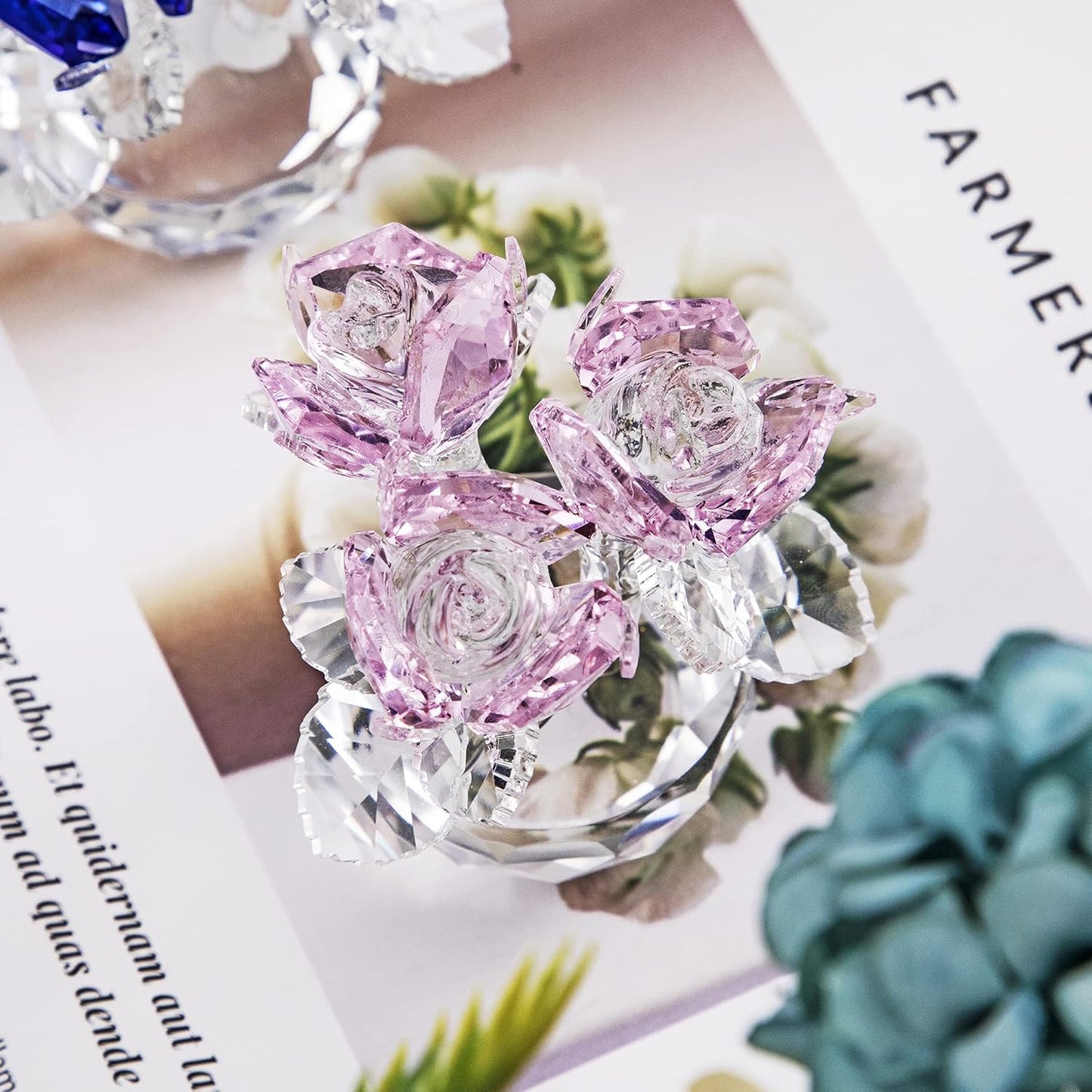QFkris Pink Crystal Rose Bouquet - Elegant Glass Flower Figurine | 2.8" Home Decor Ornament for Women