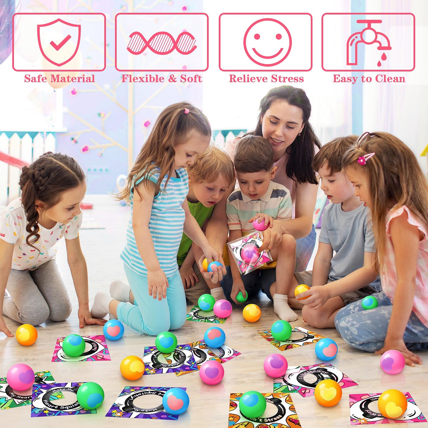 Valentines Day Cards for Kids School, 24 Pack Heart Stress Balls Valentine Day Gifts for Boys Girls, Squeeze Toys for Valentine Party Favor, Ideal Valentines Gifts for Classroom Exchange Prize