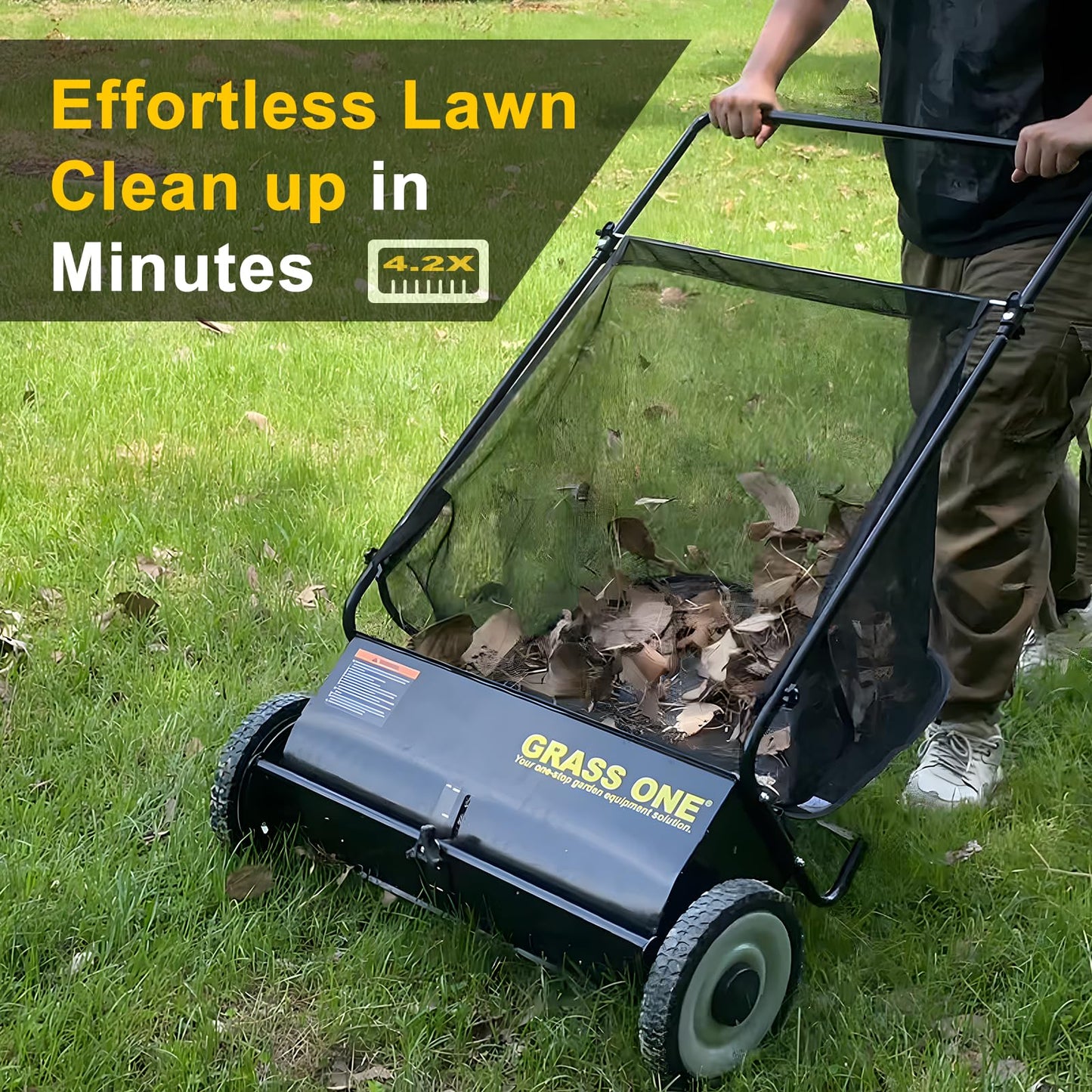 Grass One 26 Inch Push Lawn Sweeper, Leaf and Grass Collector with 7 Cu.Ft Mesh Bag, 4 Spinning PP Brushes, Durable Steel Construction, Adjustable Height & Rubber Tires for Yard Cleanup