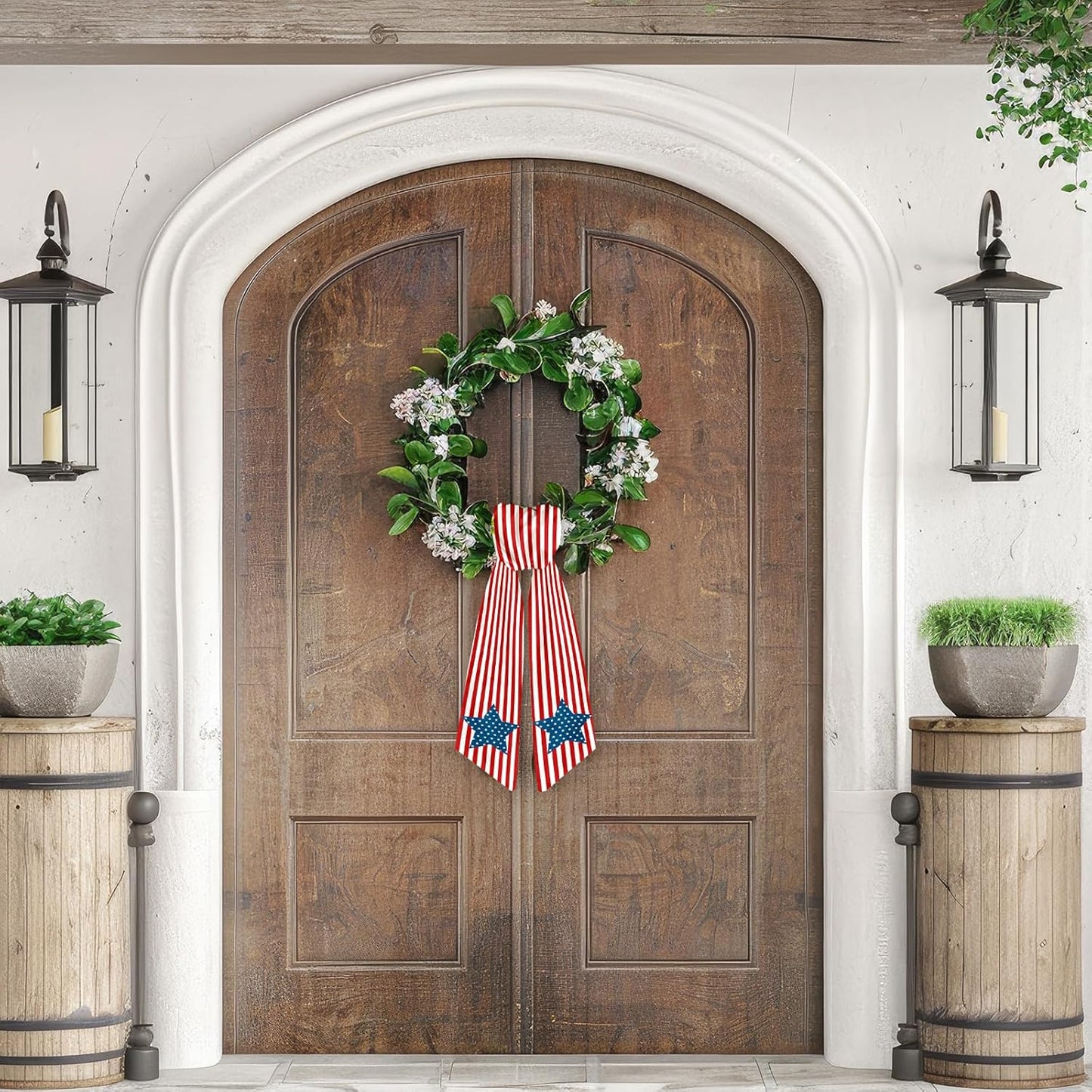 Patriotic Wreath Sash - Red White Stripe Star Design | Burlap Garland Ribbon for 4th of July Decor, 5.1 x 54.3"