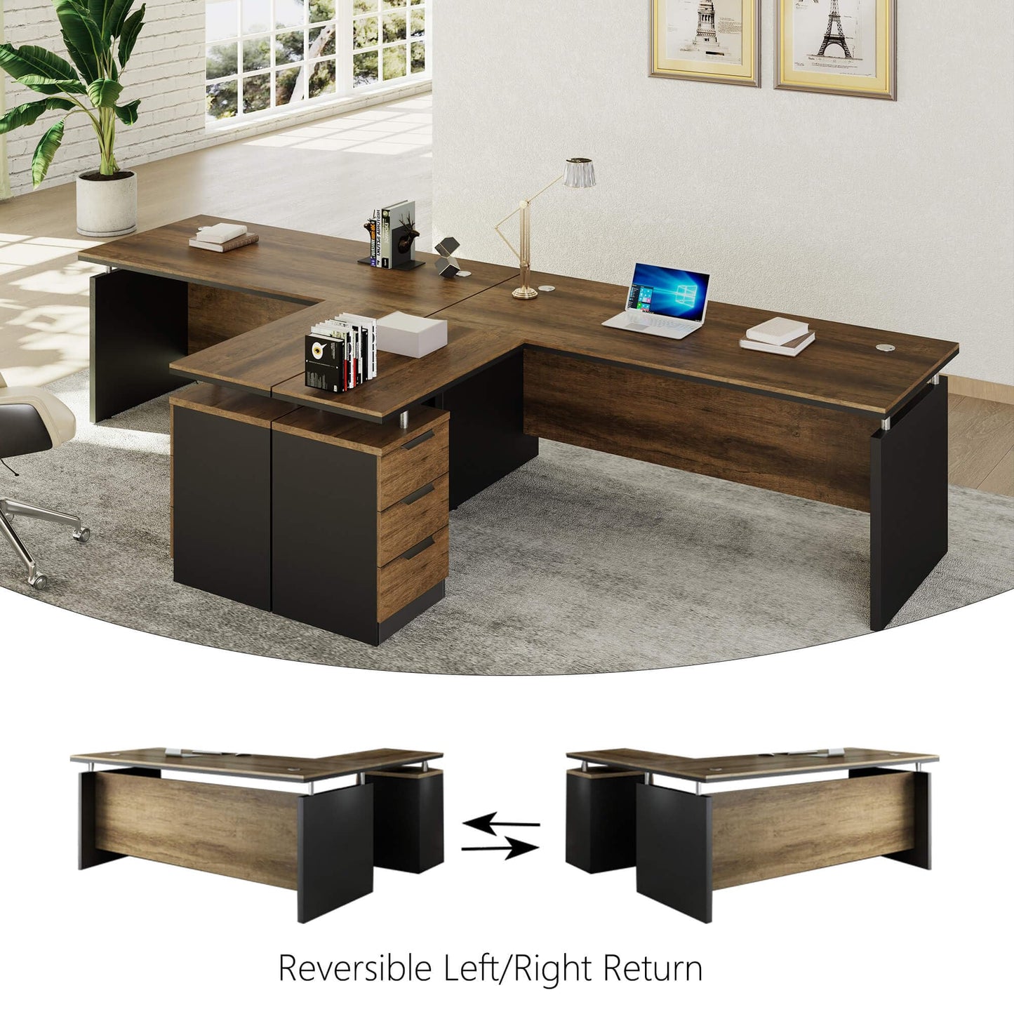 63 Inch L-Shaped Executive Desk Set of 4, Industrial Modern Wood Office Desk with 3 Drawers, Built-in Cable Management & Power Outlet, Real Wood Finish, Reversible Left/Right Return Home Workstation