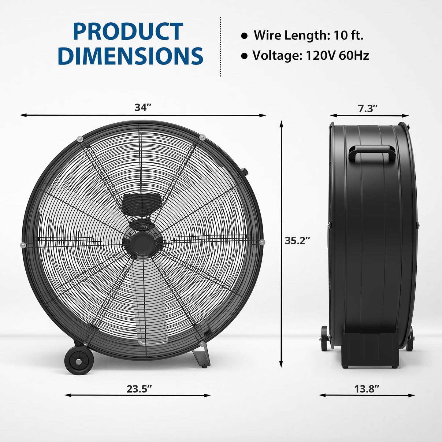 MilleLoom 30 in Industrial Drum Fan, 3-Speed High Velocity Floor Fan, Heavy Duty Metal Air Circulator with Caster Handle for Patios, Warehouses, Commercial, Factories and Workshops