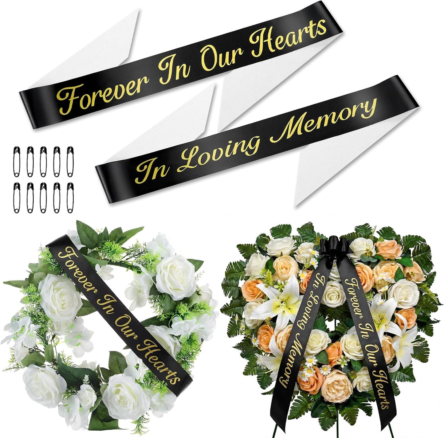 Norme Memorial Funeral Sash - 2 Pcs Satin Ribbon in Loving Memory | 63x3.8'' Black for Casket Wreaths