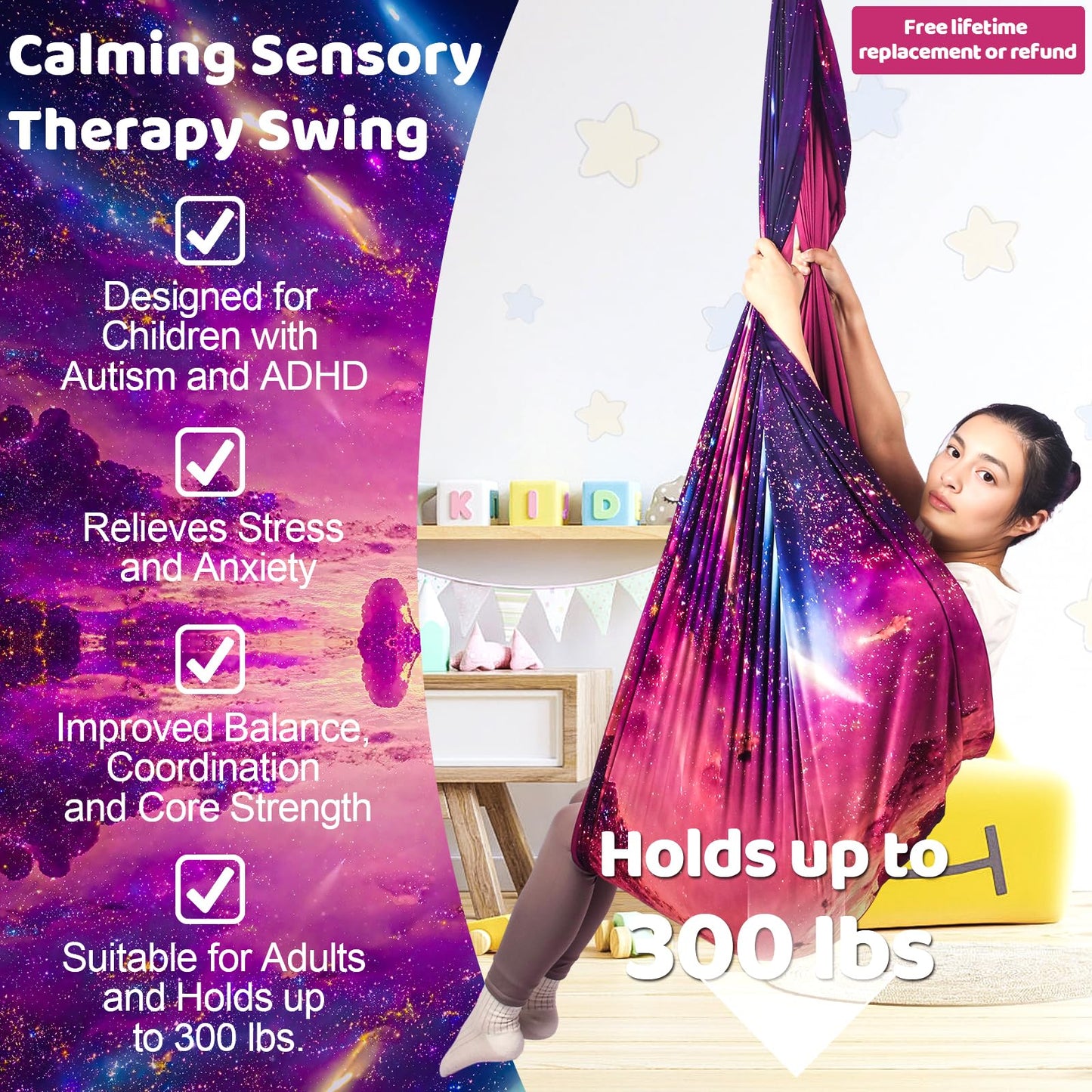 HiCamer Double Layer Sensory Swing for Kids & Adults Holds up to 300lbs Indoor and Outdoor Therapy Cuddle Swing with 360° Swivel Hanger Kit Adjustable with Aspergers Autism ADHD (Fantasy Pink)