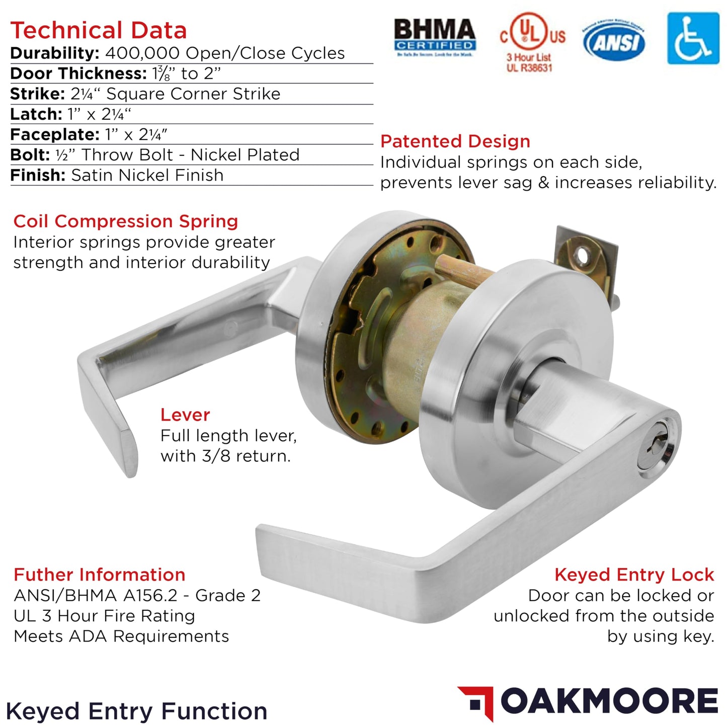 OAKMOORE Commercial Entry Door Handle | Grade 2 Ultra Heavy Duty Lockset with Keys | Offices, Stores, Industrial | UL CUL & ADA | Satin Nickel | ANSI A156.2 | Durable Knob for High-Traffic Areas