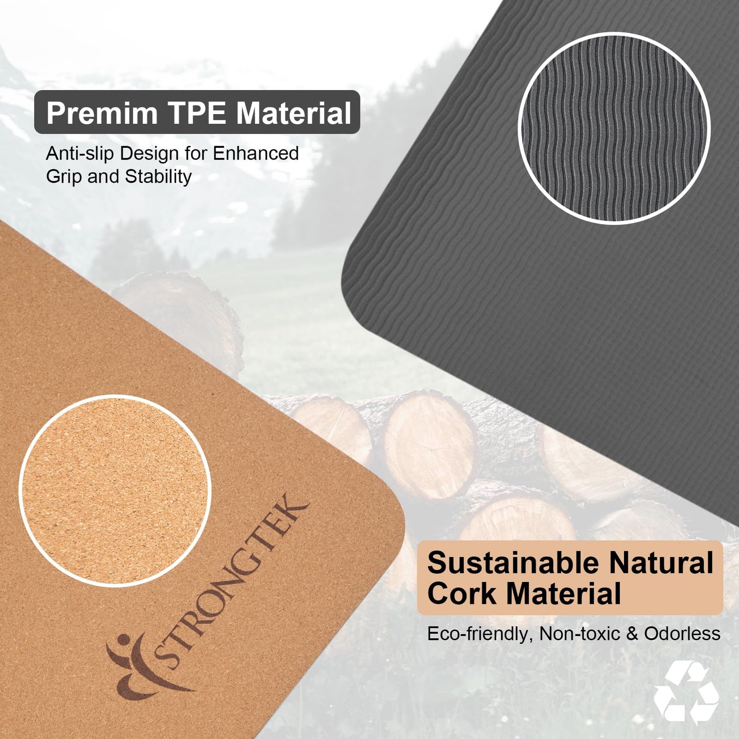StrongTek Cork Yoga Mat, Non-Toxic & Eco-Friendly, 7mm Thick with Non-Slip Cork + TPE Surface, 72"x24", for Hot Yoga, Pilates & Home Fitness, Lightweight Cushioned with Carry Strap