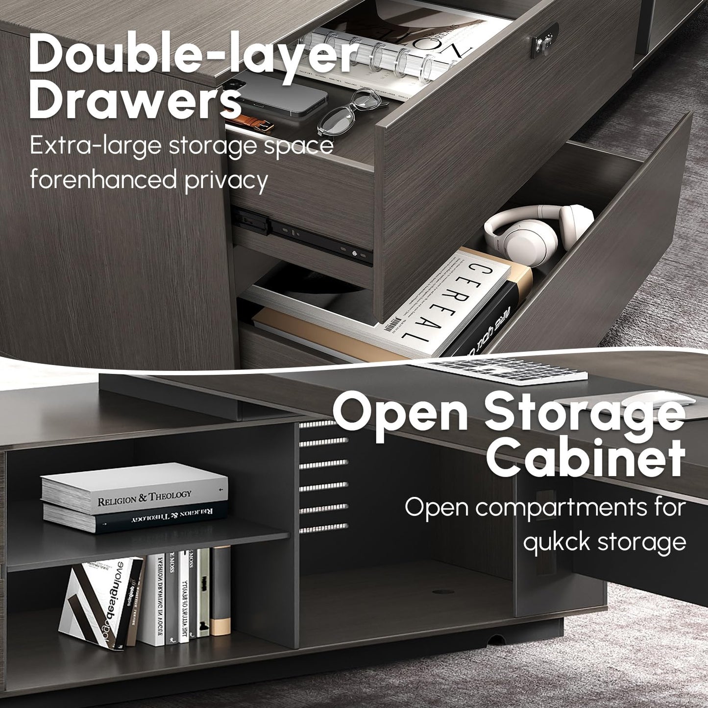 ZIMASYA Reversible L-Shaped Executive Desk with Drawers, Storage Cabinet, Built-in Power Hub & Privacy Panel, Obsidian Grey & Mocha Walnut (79" L * 65" W * 30" H)