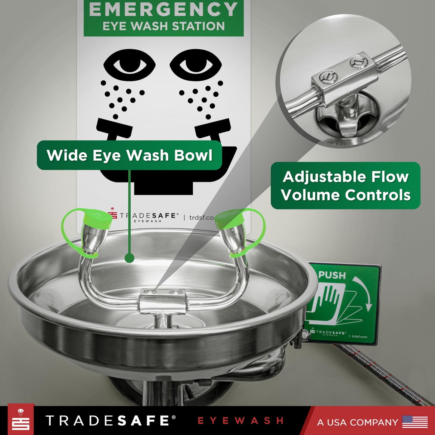 TRADESAFE Eye Wash Station OSHA Approved - Wall Mounted Emergency Eye Wash Station, Stainless Steel Eyewash Station, Aluminum Eye Wash Station Sign Included