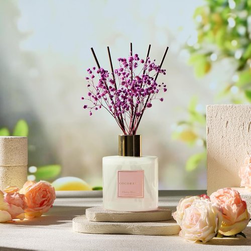 Cocorrína Reed Diffuser - Cherry Blossom Scented 17 Fl. Oz Diffuser with 8 Sticks & Preserved Flowers | Home Decor