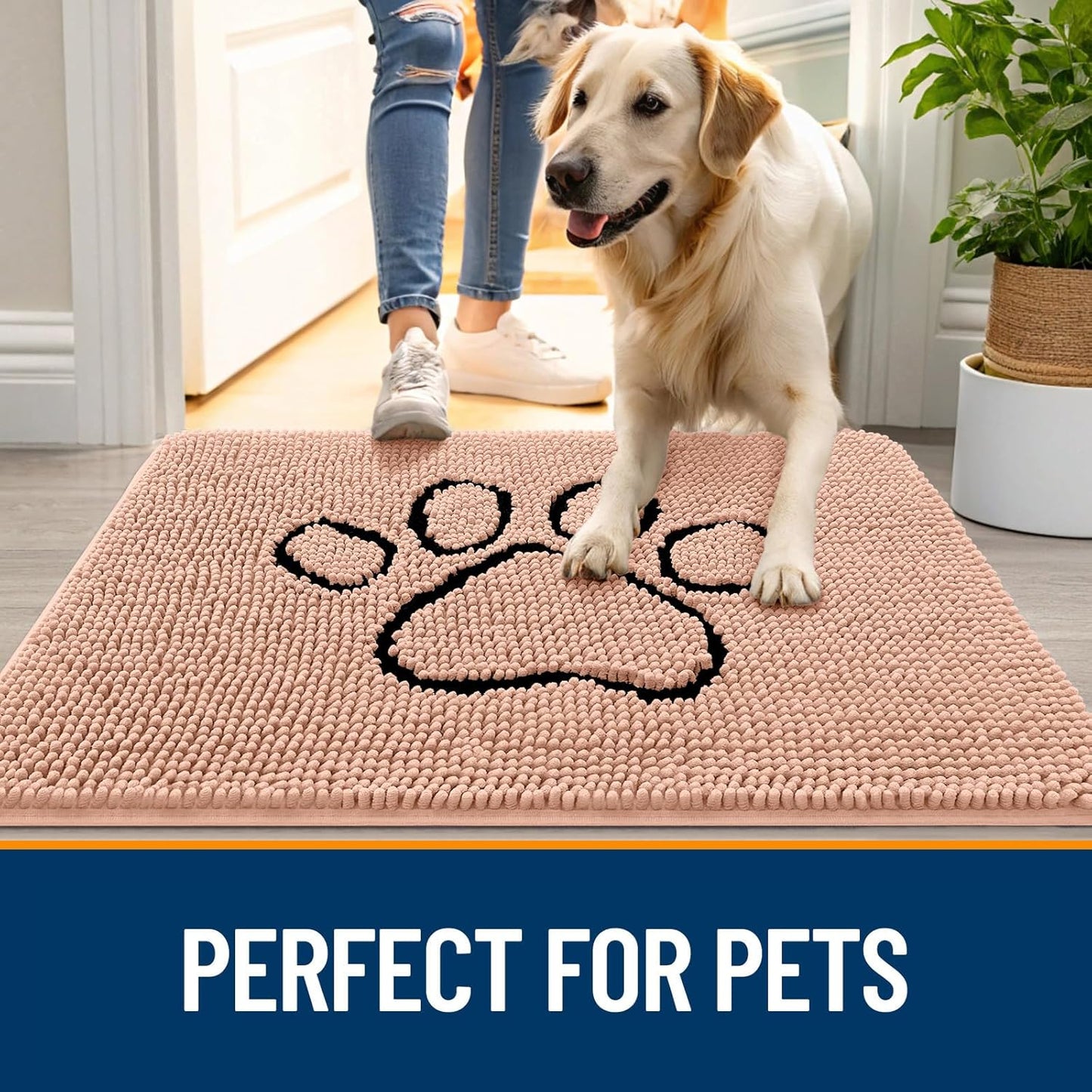OLANLY Dog Door Mat - Absorbent Non-Slip Mud Mat for Paws | 30x20 Peach Chenille Design