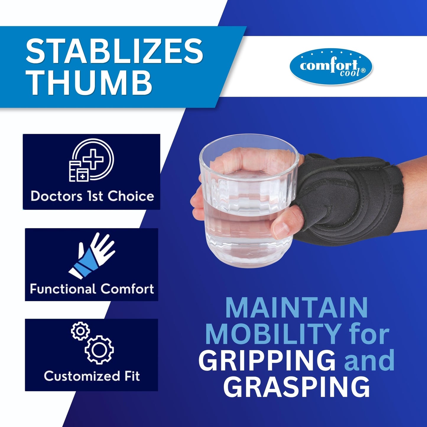Comfort Cool CMC Thumb Brace – Restriction Splint for Arthritis & Tendinitis Relief | Breathable Neoprene with Supportive Thumb Strap - Black, Left Hand, Medium (7 to 8 inches) | NC79564