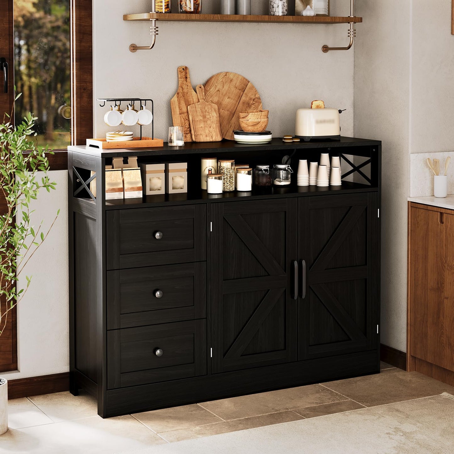 IDEALHOUSE 47" Buffet Cabinet Sideboard, Farmhouse Coffee Bar with Open Shelf, 2 Doors and 3 Drawers, Wood Wine Bar Storage Cabinet with Built-in Charging Station for Dining Room Living Room- Black