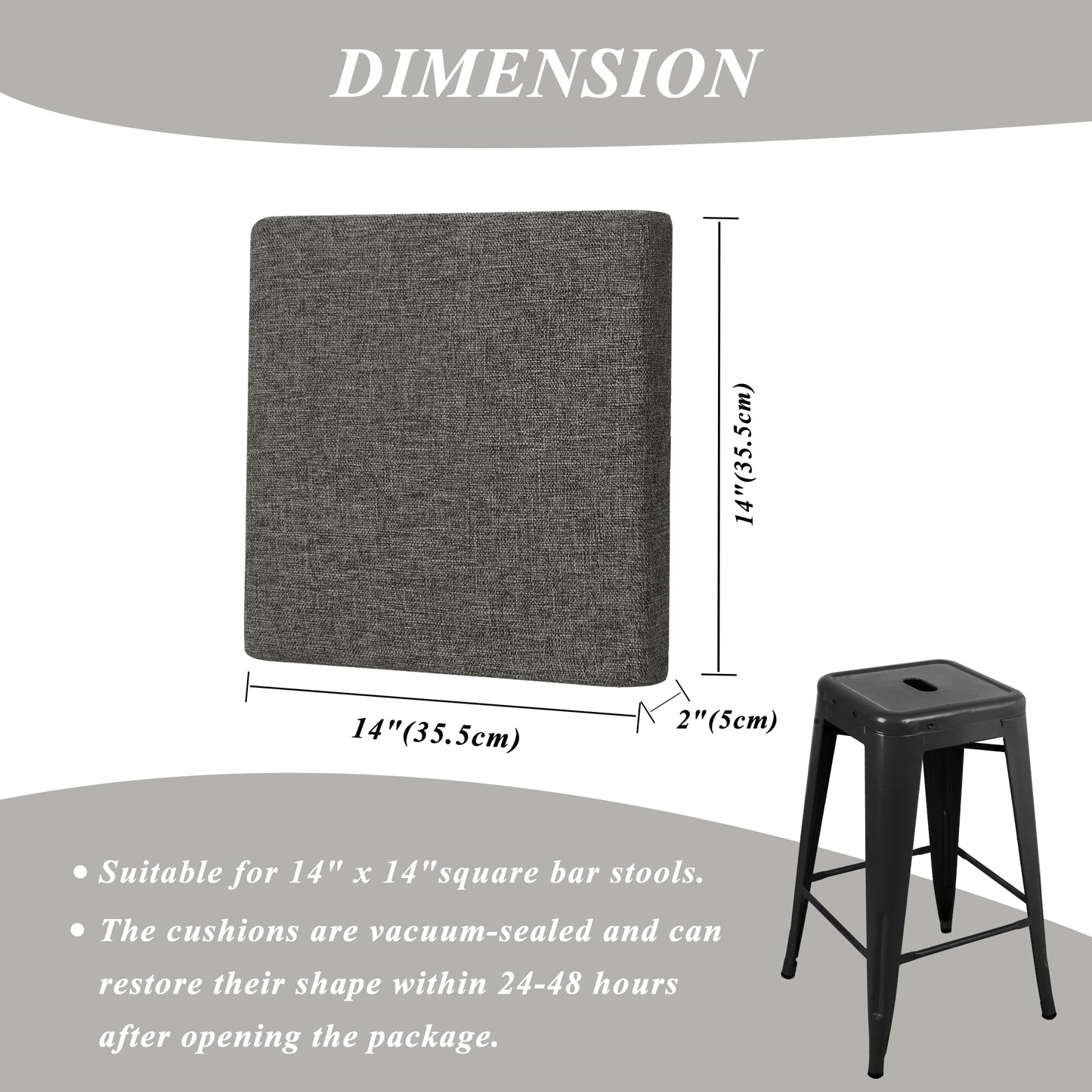FlyGulls Square Bar Stool Cushions Set of 2 Non-Slip Chair Pads with Ties 2" Thick Chair Cushions with Machine Washable Cover 14" X 14" (Dark Grey)