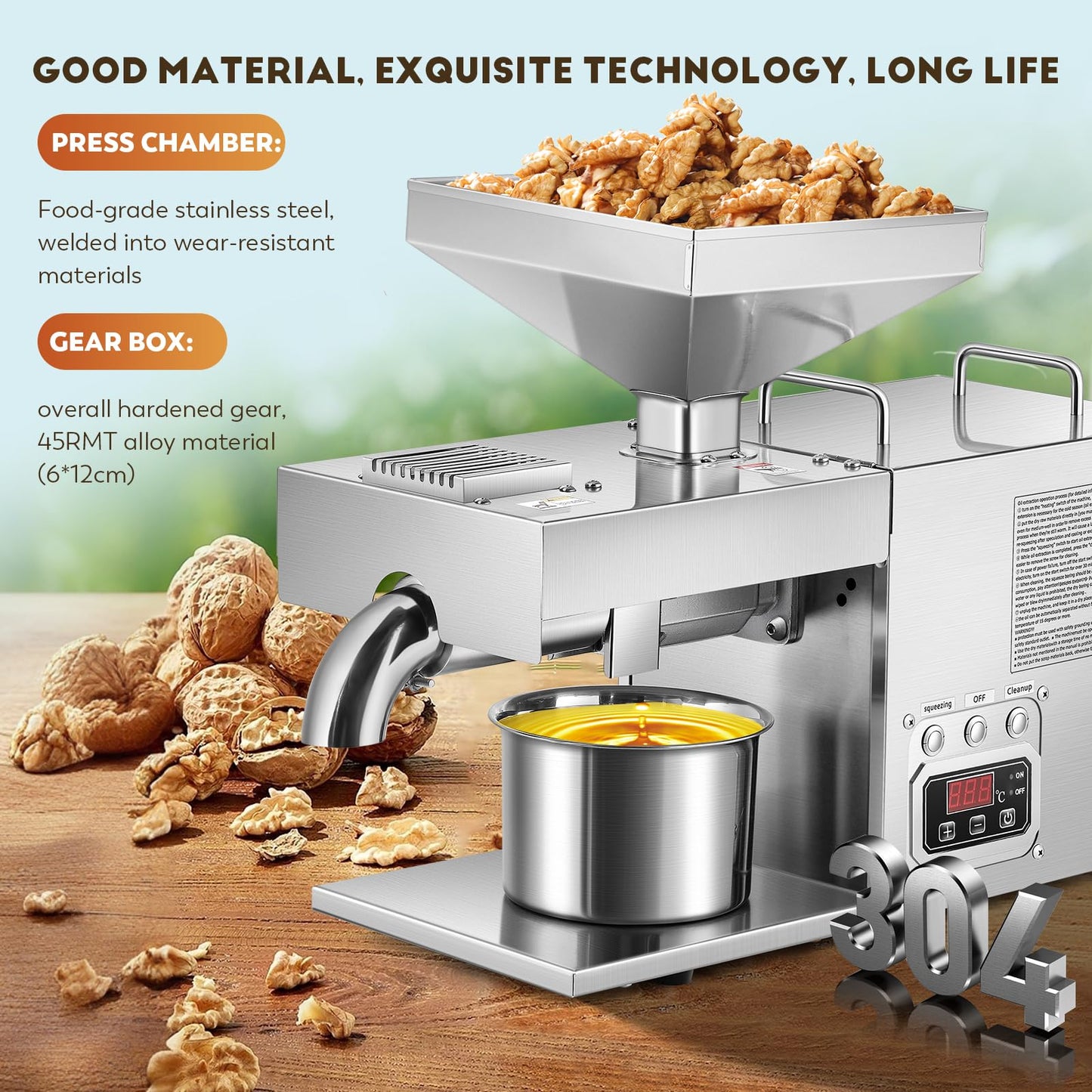 CGOLDENWALL 3000W Commercial Oil Press Machine Oil Extractor Expeller with Intelligent Temperature Controller/Industrial Motor/All Stainless Steel/CE (110V, US Plug)