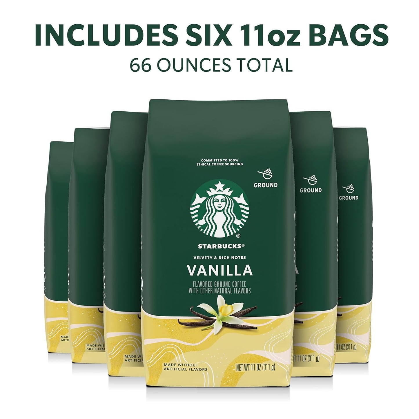 Starbucks Ground Coffee - Vanilla Flavor for Hot or Iced Beverages | Six 11 oz Bags