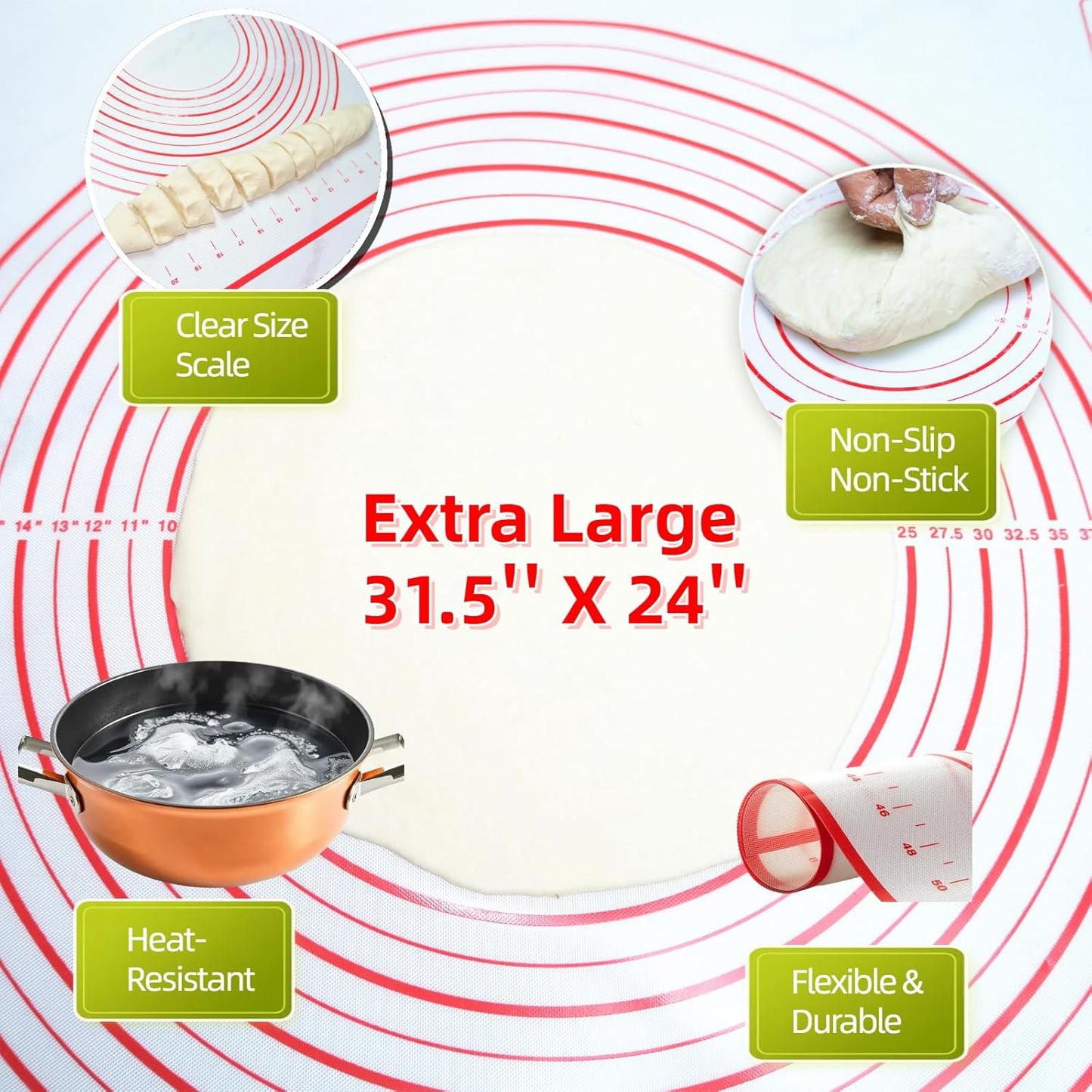 Silicone Baking Mat by Extra Large | Non-Stick, Heat-Resistant Dough Roller – 31.5'' x 24'' Easy Clean