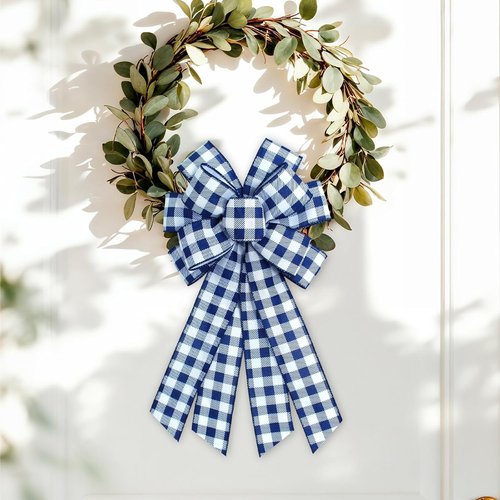 Blue Buffalo Plaid Wreath Bow - Stylish Blue & White Burlap Ribbon for Home Decor & Tree Ornaments