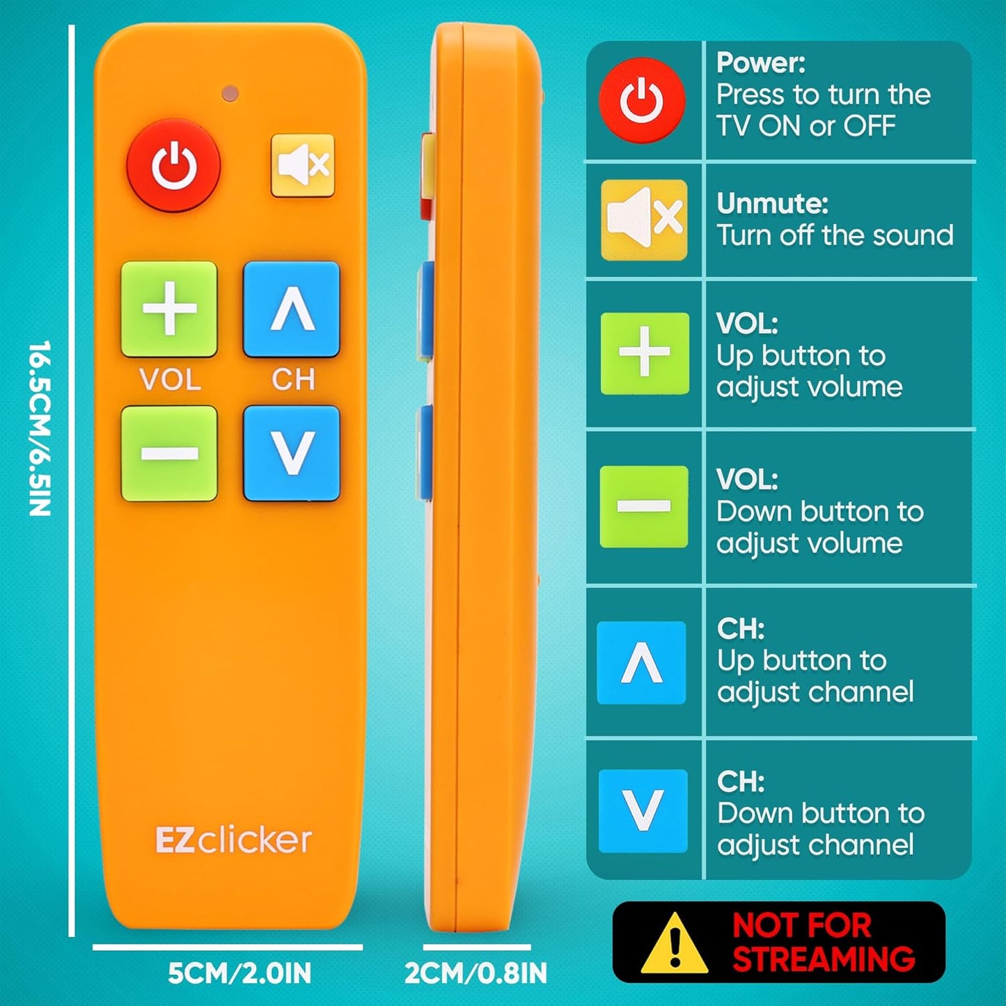 EZClicker (2xAAA TV Remote for Seniors, Extra Simple Big Button Remote (Orange) Works with Major TV Brands, NOT