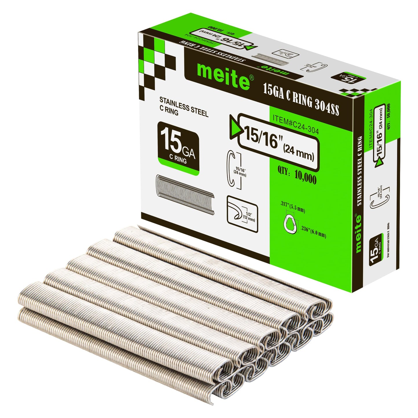 meite 15 Gauge 3/4" Hog Rings, 304 Stainless Steel Hog Ring Staples for SC7C Hog Ring Stapler, C Ring Staples for Construction Mesh, Livestock Fencing, Fishing Traps (10,000 Counts)