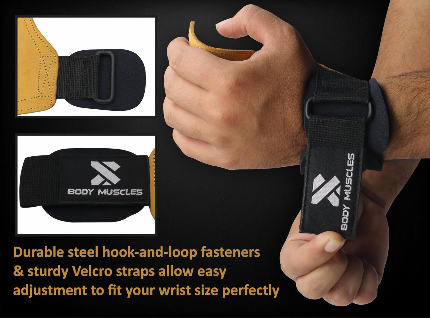 BODY MUSCLES Leather Weightlifting Grips - Double Layer Leather Weight Lifting Grips for Powerlifting - Neoprene Padded Weight Lifting wrist Straps Gym with Metal Hooks - Deadlift Straps