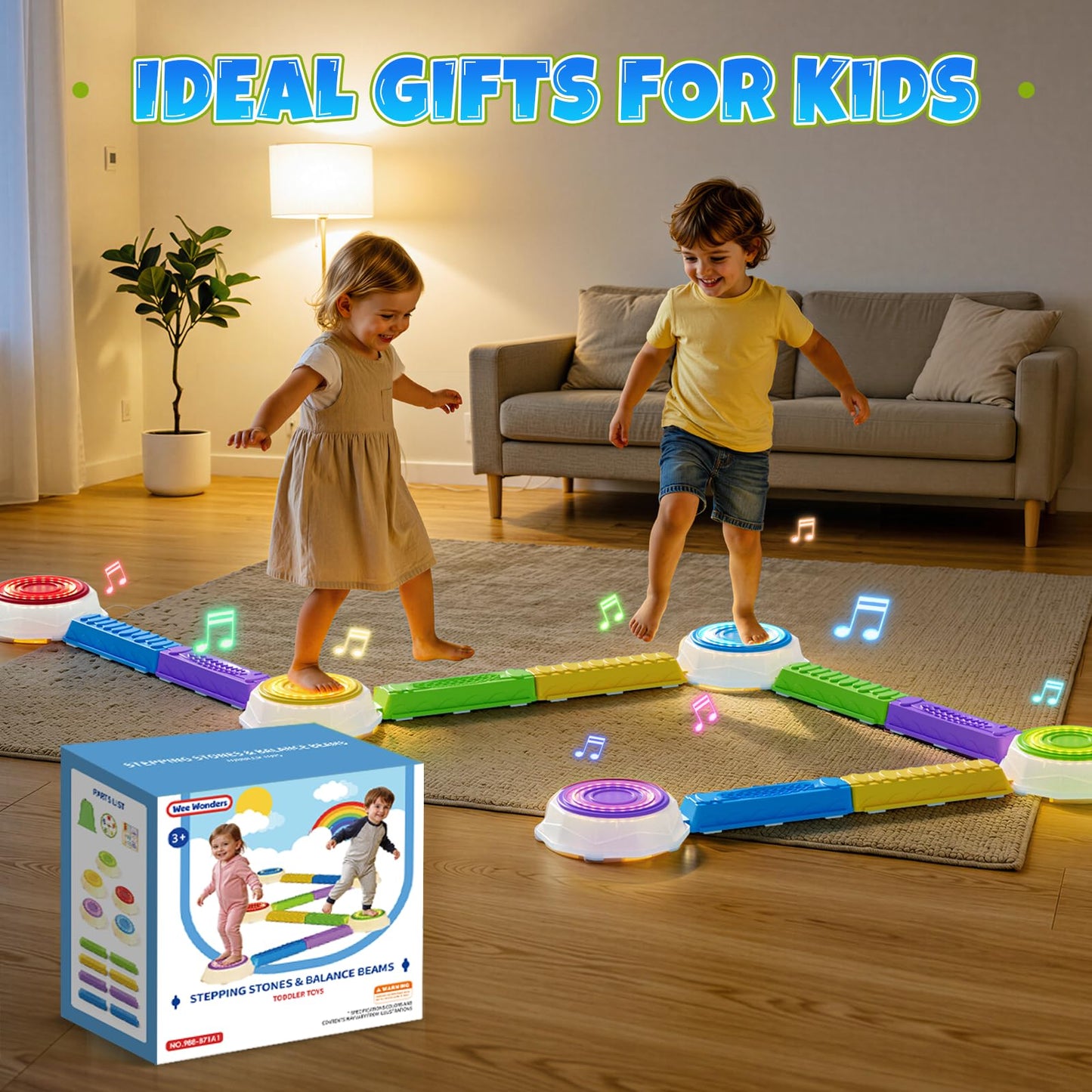 Wee Wonders Light Up Stepping Stones & Balance Beam for Kids, Step Stones with Piano Music, Game Spinner & 30 Cards, Non-Slip Sensory Obstacle Course Toys, Indoor Outdoor Gifts for Toddlers 3-5