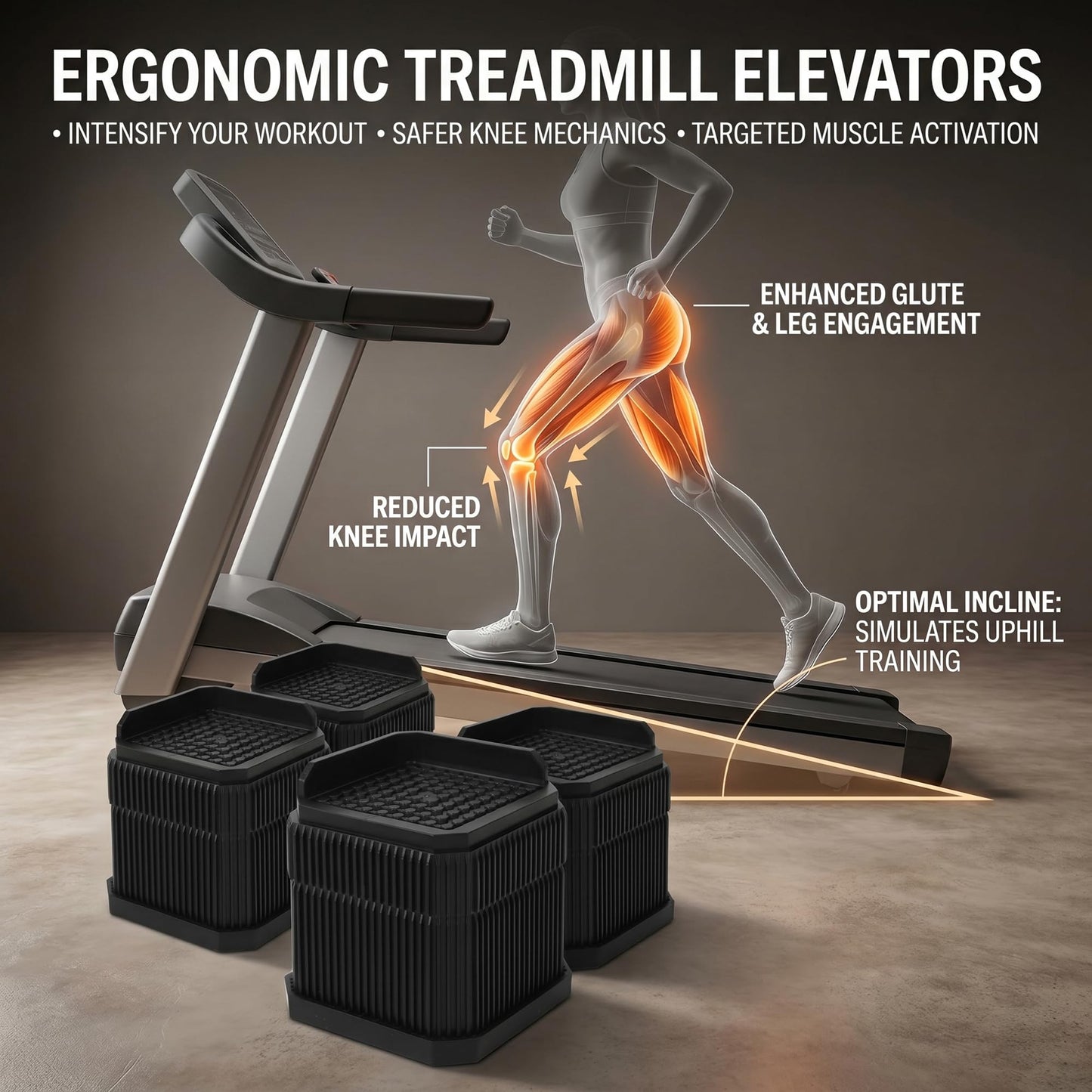 Customizable Treadmill Incline Riser Blocks: 4 Pack Adjustable 1/2/3 Inch Height Lift for Custom Uphill Training, Anti-Slip Heavy Duty Plastic 4000 LBS Stackable Walking Pad Levelers for Home Gym