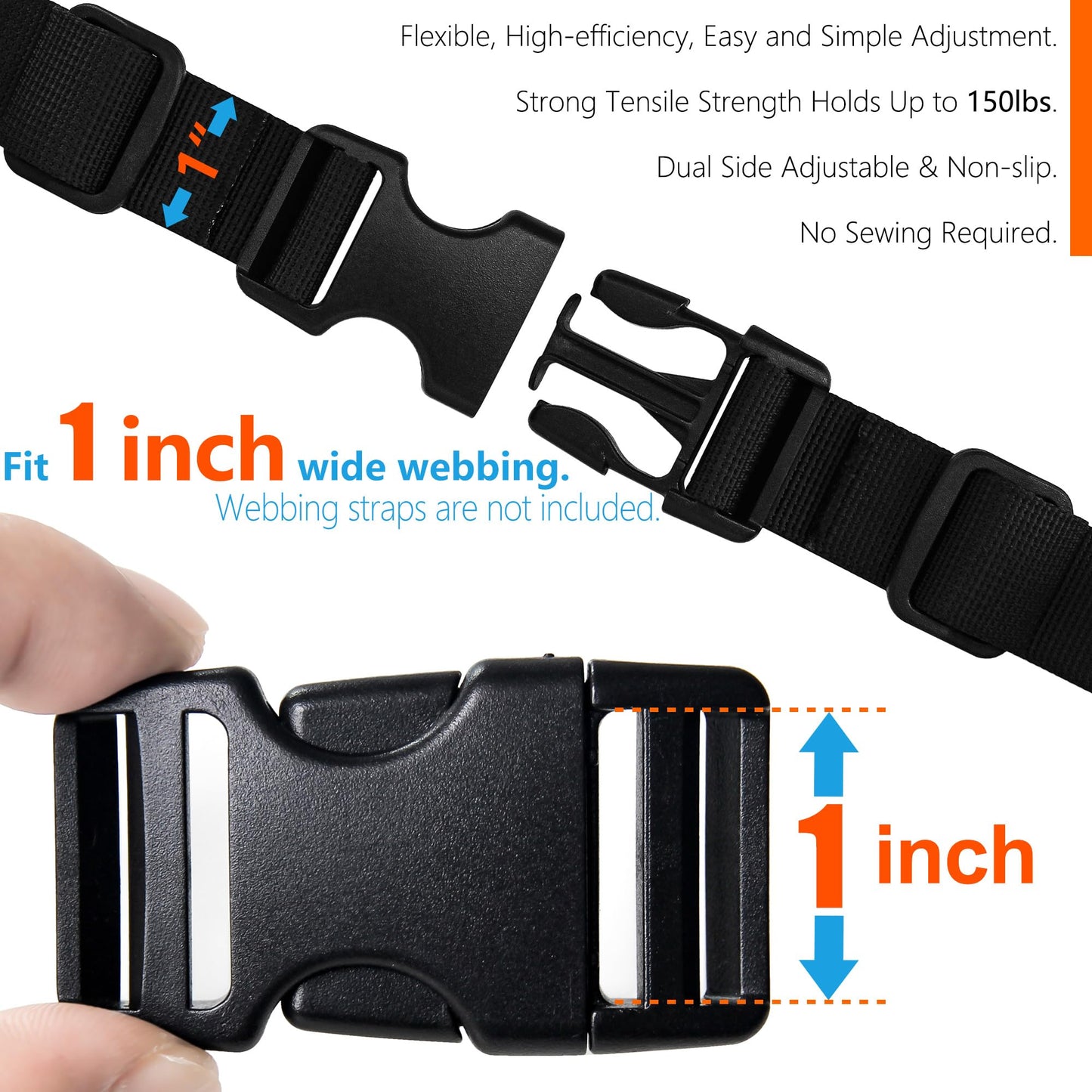 LASIGHT Buckles for 1 inch Wide Webbing Straps: Quick Side Release Buckle 10 set and Tri-Glide Slide 20 pcs Fit 1" Nylon Web Belt, Plastic Snap Fastener Clip Heavy Duty Replacement Dual Adjustable