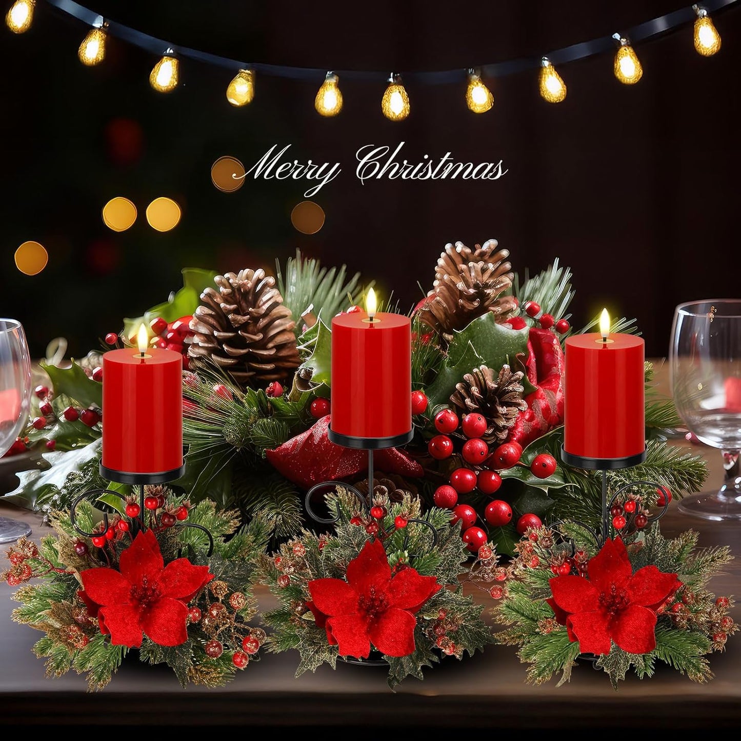 Yunlly Christmas Candle Holder Set - 3 LED Battery-Operated Poinsettia Centerpieces for Home Decor