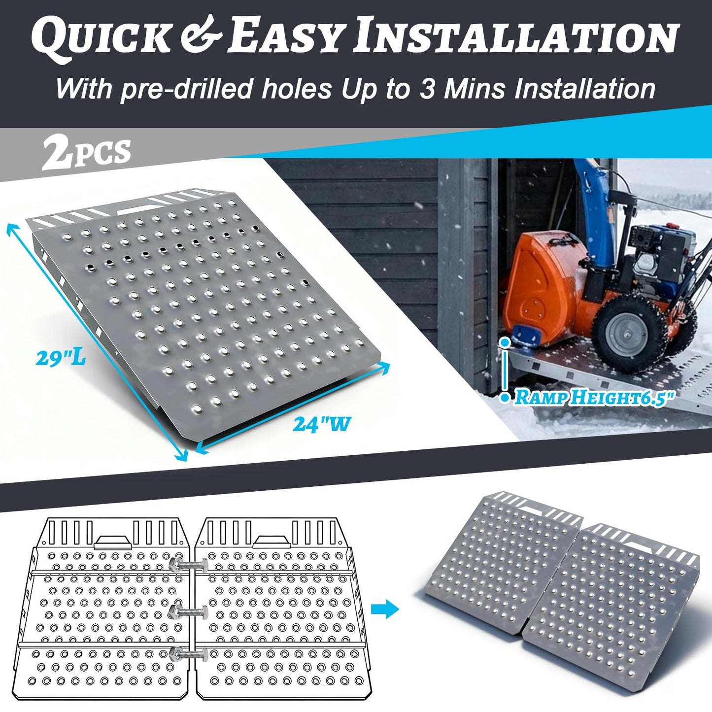 Heavy-Duty shed ramp 1500LB Galvanized Steel Perforated Plate ramp with Anti-Slip Design, Suitable for lawnmowers, All-Terrain Vehicles,and Garage Door Sills. (Silver, 2PCS (29" L x 48" W))