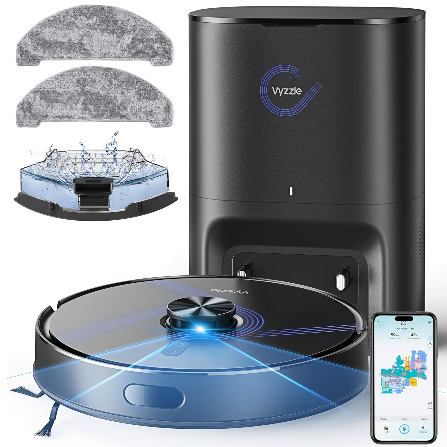 Vyzzle Robot Vacuum and Mop, 8000Pa Self Emptying Robot Vacuum with LiDAR Navigation & Smart Mapping, Robotic Vacuum Cleaner for Pet Hair, Carpet & Hard Floors, 180Min Runtime, App/Alexa Control, E20