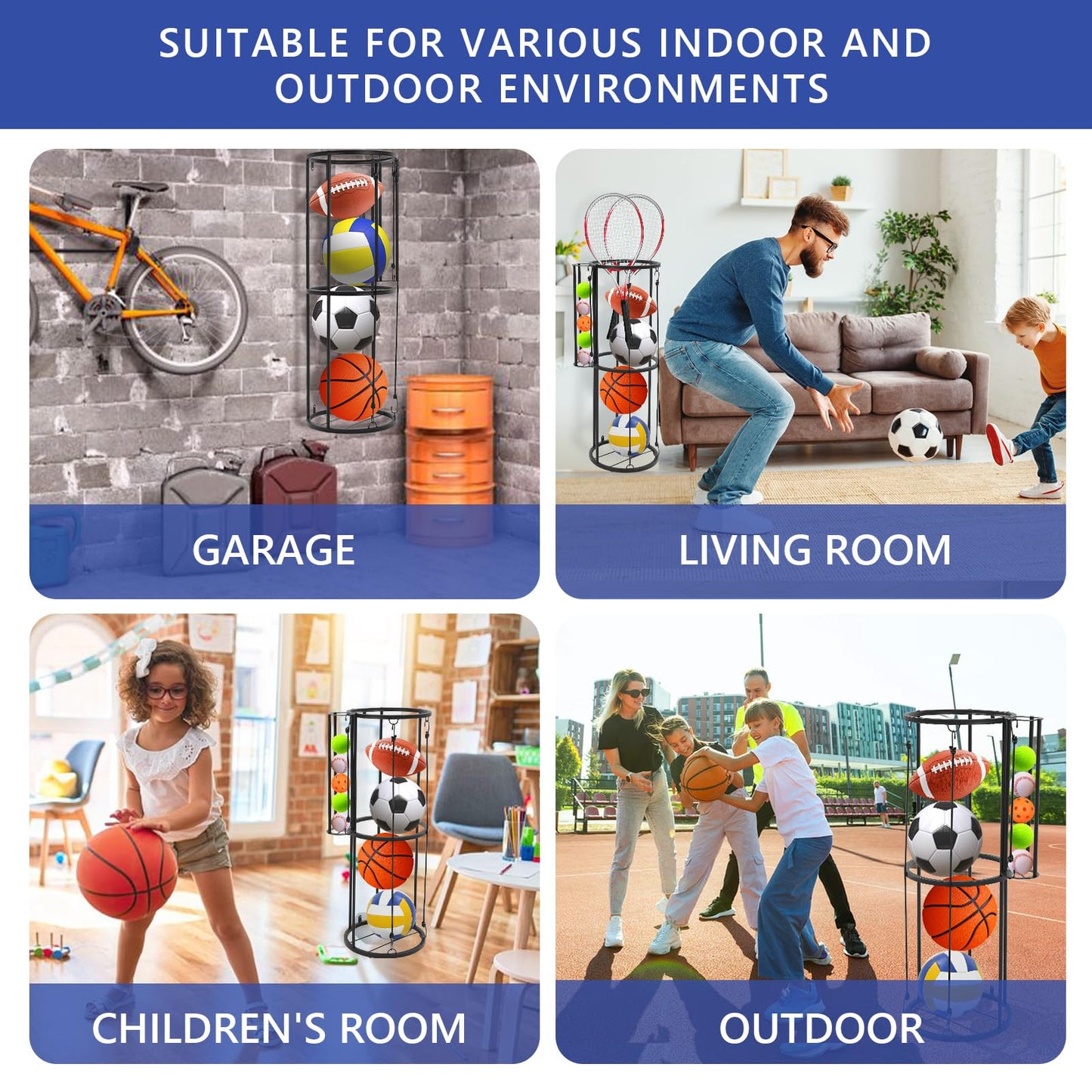 AWZITUO Garage Ball Storage Rack - Wall Mount Vertical Basketball Rack with Small Ball Holder for Soccer, Volleyball, Football - Space Saving Sports Organizer for Storage, Home, Basement, Outdoor
