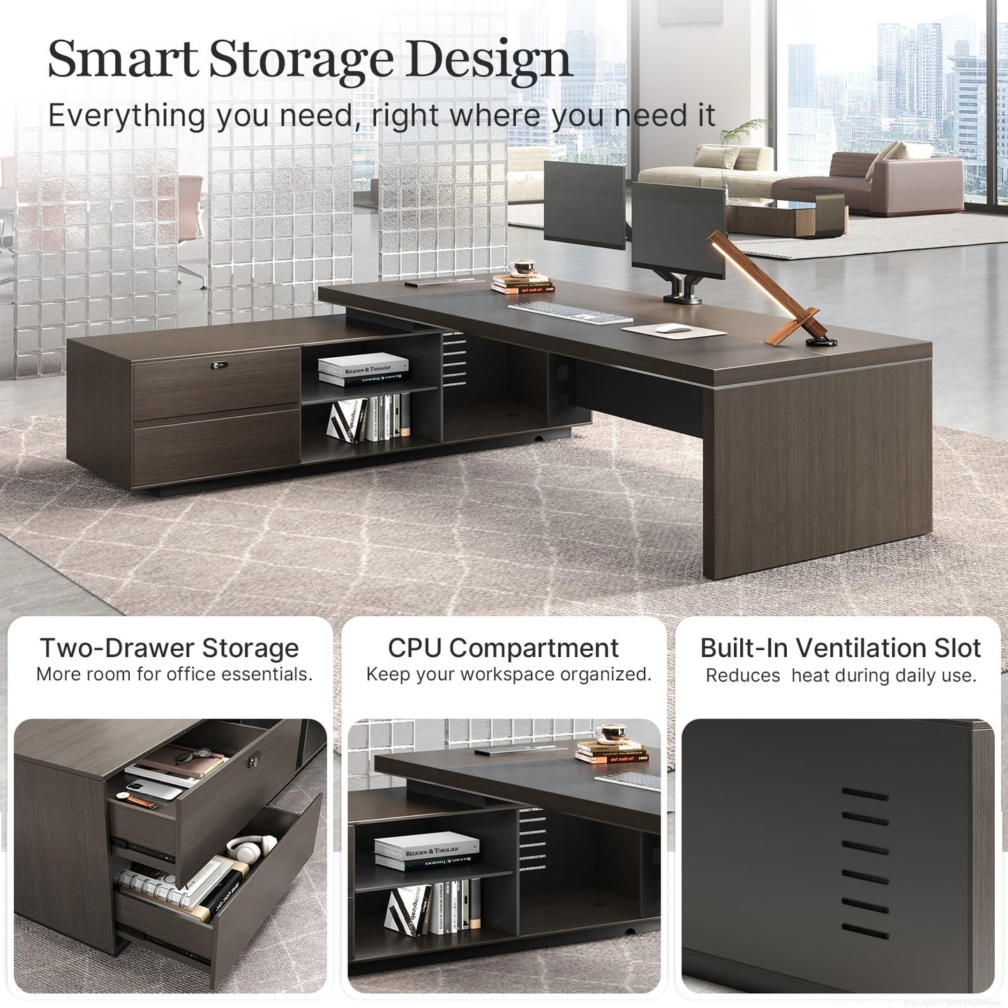 Huariifowm 79" L-Shaped Executive Desk with Reversible Return, Large Office Desk for Manager Office, Power Hub with USB-C HDMI RJ45, 3-Digit Lock Drawer, Storage Shelves and Privacy Panel, Gray Walnut