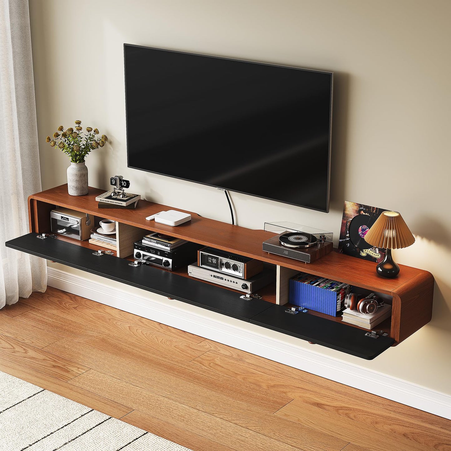 FurniNova Floating TV Console with 3 Doors,Natural Wood Veneer Wall Mounted TV Shelf,Floating Entertainment Center Media Console with Storage for Living Room Bedroom,55inch Walnut