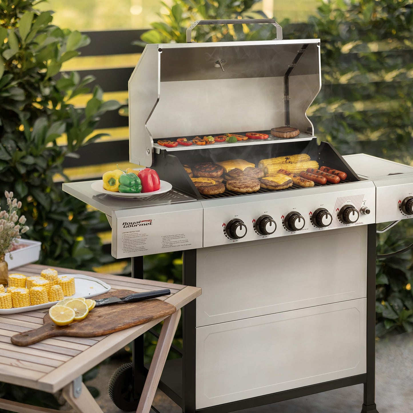Royal Gourmet GA5401T 5-Burner BBQ Liquid Propane Gas Grill with Side Burner, Stainless Steel 61,000 BTU Output for Patio Garden Picnic Backyard Cooking, Silver