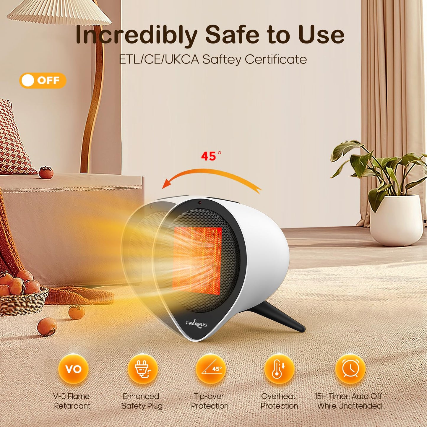 Small Ceramic Heaters for Indoor Use, 1500W PTC Electric Heating with 15H Timer, Overheat and Tip-Over Protection, Safe and Quiet Heat Up 200 Square Feet for Desk, Office, Bedroom and Home. (White)