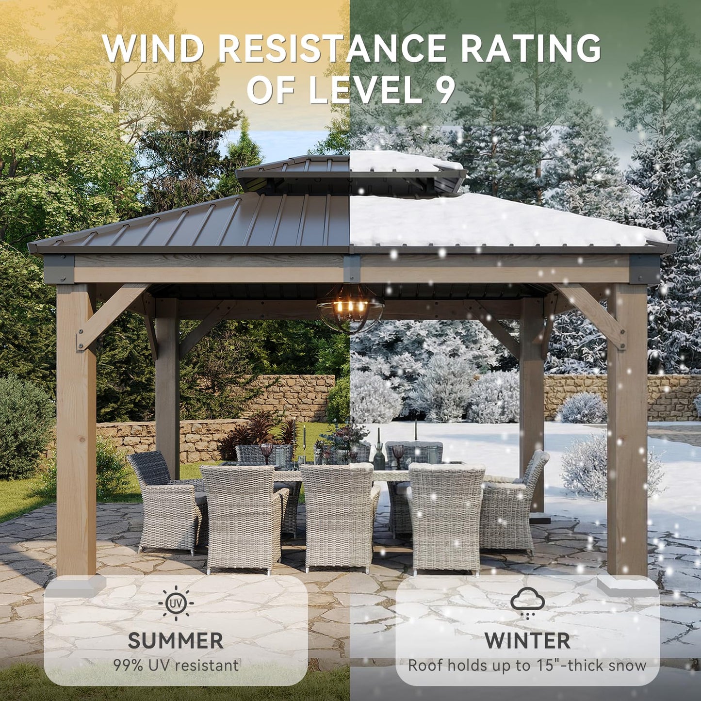 Aoxun 10' x 12' Outdoor Cedar Wood Hardtop Carport, Heavy Duty Gazebo with Double Galvanized Steel Roof, All-Weather Wind & Snow Resistant Permanent Pavilion for 2 Cars, Boat, Patio, Backyard