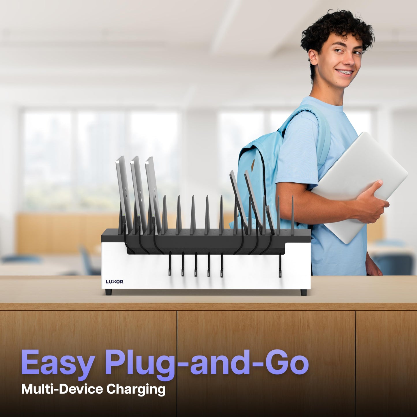 Line Leader 12-Device Open Charging Station | Compact Desktop Charger for Laptops, Tablets, & Chromebooks | Space-Saving Design with Adjustable Dividers & UL Safety-Certified Power Strip