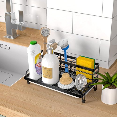 Cisily Kitchen Sink Caddy Organizer - Rustproof Non-Slip Soap Dish & Sponge Holder | Matte Black