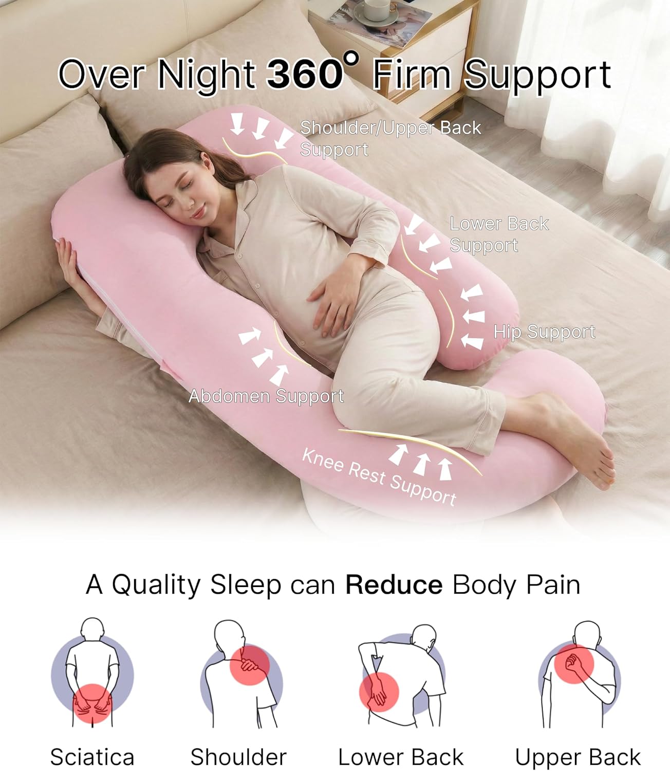 Allopera Pregnancy Pillow - Full Body 57-Inch Maternity Pillow with Removable Cover | Sleep Support for Pregnant Women, Pink
