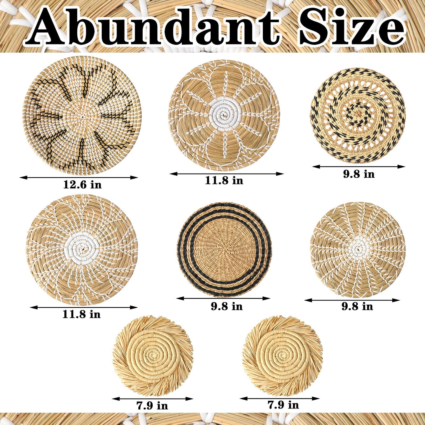 Xuhal 8 Pcs Boho Wall Basket Decor Decorative Bulrush Woven Basket Wall Decor Rustic Farmhouse Hanging Baskets for Kitchen Rustic Home Summer Decorations