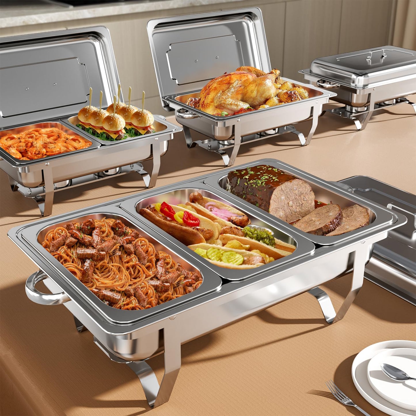 Amhier Chafing Dishes for Buffet 9Qt 4 Pack [Multi-Size Food Pans] Stainless Steel Chafing Dishes [Sturdy and Durable] Chafing Dish Buffet Set for Weddings & Parties & Festival, Silver