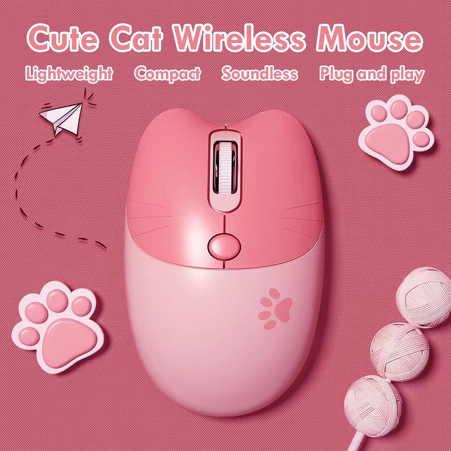 Lomiluskr 2.4G Cute Cat Wireless Mouse, Lightweight Soundless Mice, Wireless Mice, Candy Colors, Kawaii Mouse for Girls