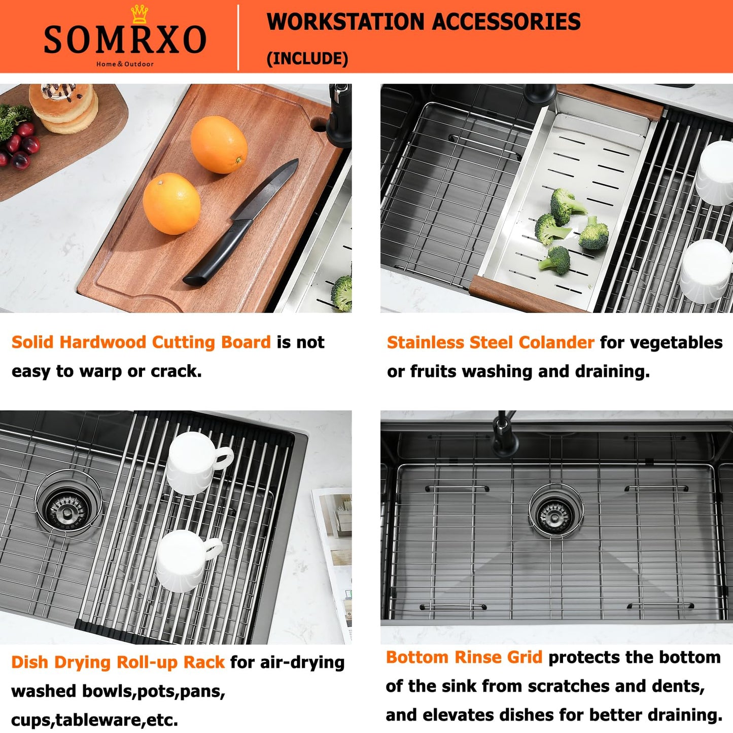 SOMRXO 28 Inch Undermount Kitchen Sink Black - 16 Gauge Black Satainless Steel Kitchen Sink Undermount 28x18,10 Inch Deep Single Bowl Workstation Sinks with Accessories