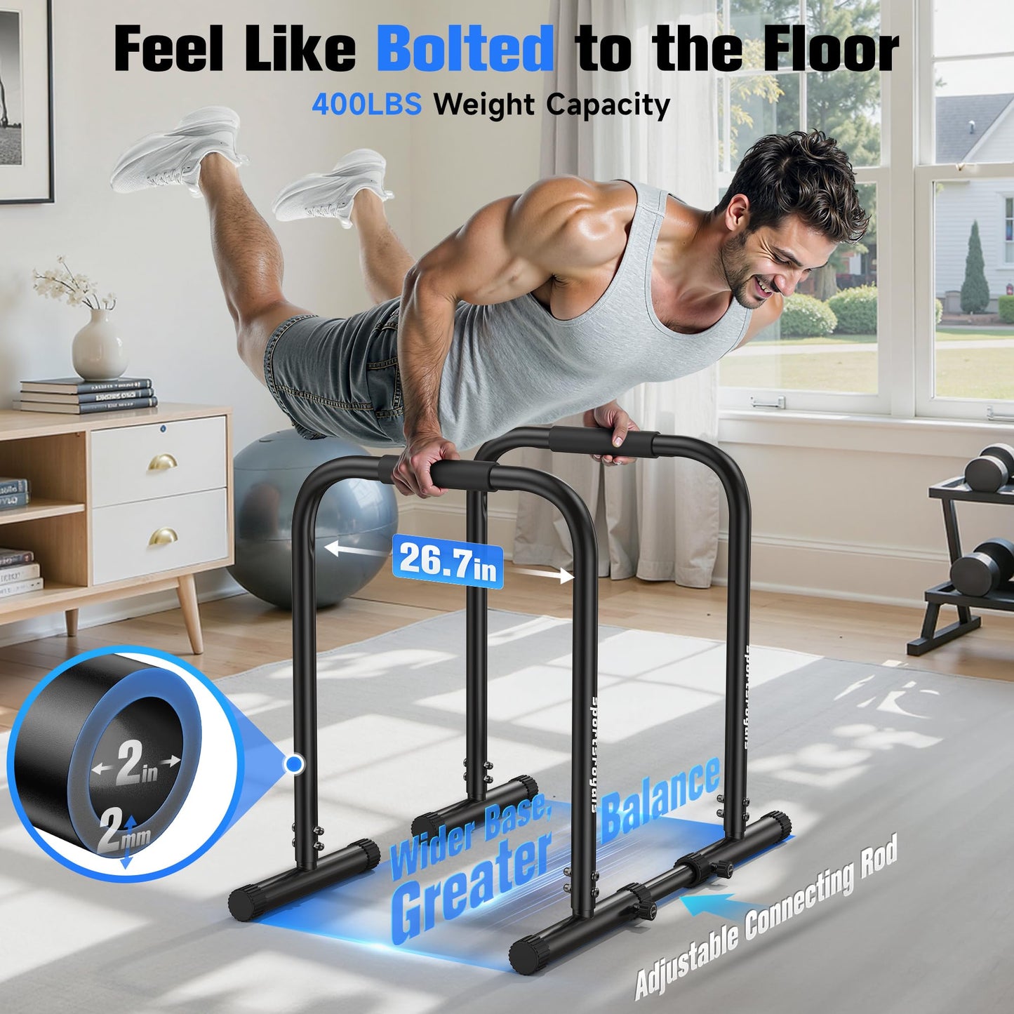 SPORTSROYALS DP3 Dip Station Adjustable Dip Bar, Heavy Duty Parallette & Parallel Bars, 400LBS Stable Dip Stands for Home Gym, Calisthenics & Upper Body Workout Equipment